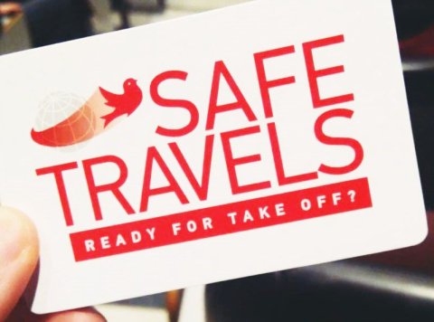 Safe Travels and the McGill Abroad logo on a wallet sized card with the words "Ready for take off?" underneath